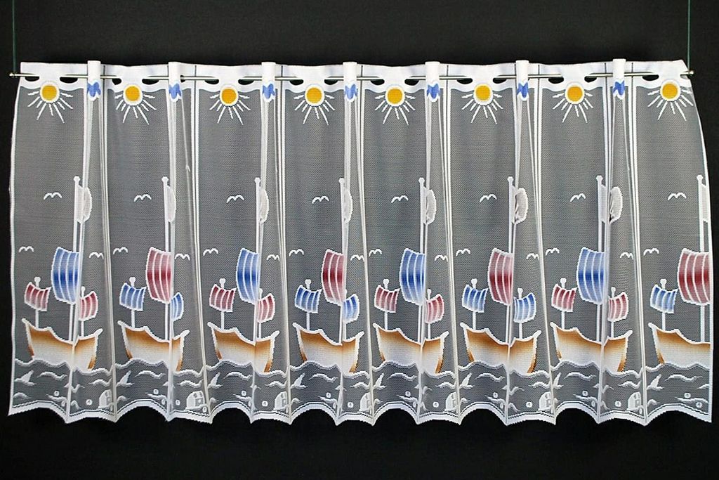 Gardinen Kranzusch Scheibengardine für Kinder Piratenschiff 60x245 cm H/B weiß mit bunt Bistrogardine Vorhang Küche 1er Pack