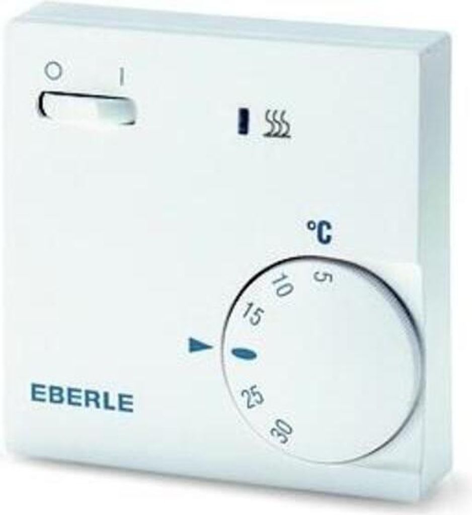 A white thermostat with a dial and markings for temperature settings.