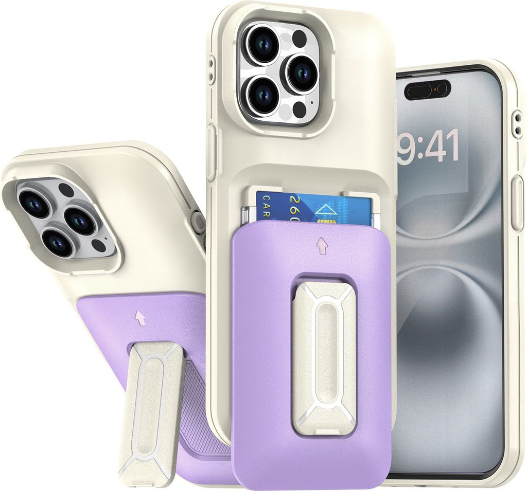 Kartenhalter Handyhülle für iPhone 15 Pro Max, Weiches TPU Brieftasche, Heavy Duty Ständer Hülle Lila