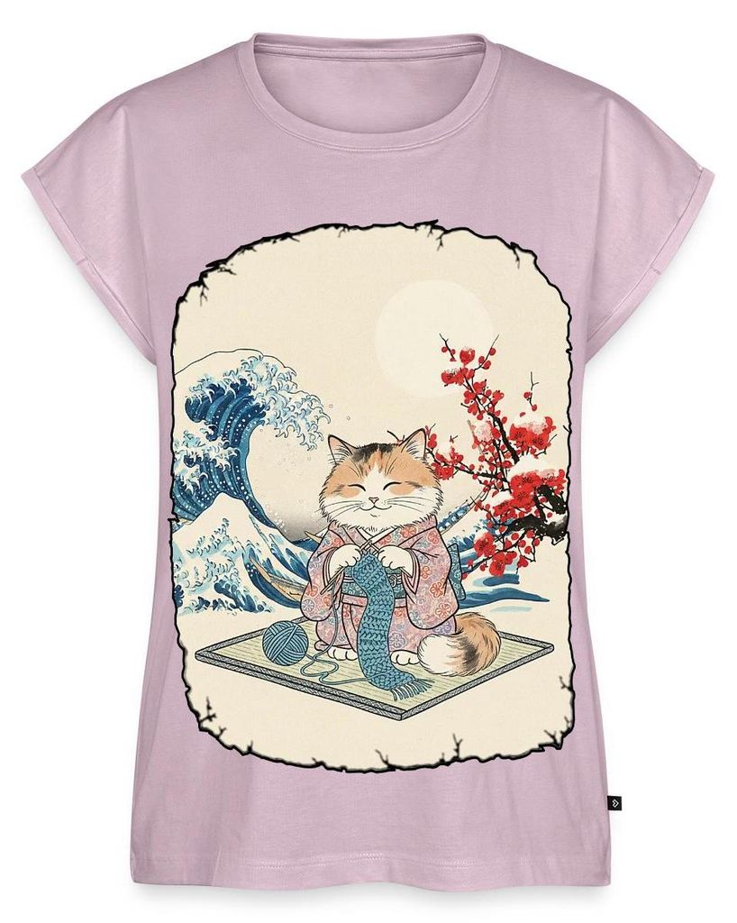 Spreadshirt Strickende Katze | Japanische Katzenkunst Frauen Casual T-Shirt, 3XL, Altrosa