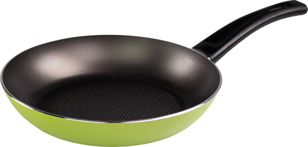 A green frying pan with a black handle is shown against a white background.