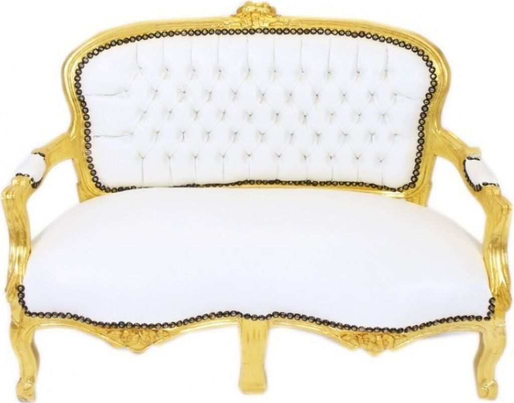Casa Padrino Barock Kinder Sitzbank Weiß Lederoptik / Gold Antik Stil Kinder Sofa