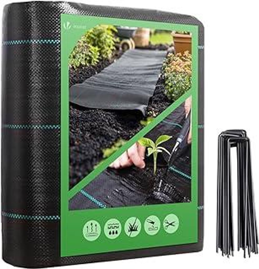 Unkrautvlies 2x10m mit 30 Bodenanker, Reißfestes Gartenvlies Wasserdurchlässig, Mulchfolie für Garten, Hochbeet und Terrasse, Premium Unkrautfol...
