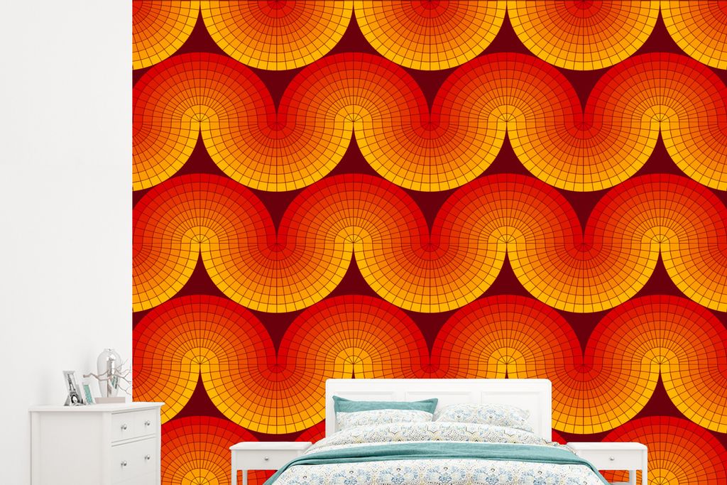 MuchoWow Fototapete für Wohnzimmer oder Schlafzimmer Wandtapete Vinyl Motivtapete Design - Retro - Rot - Abstrakt - 245x220 cm - Gemustert