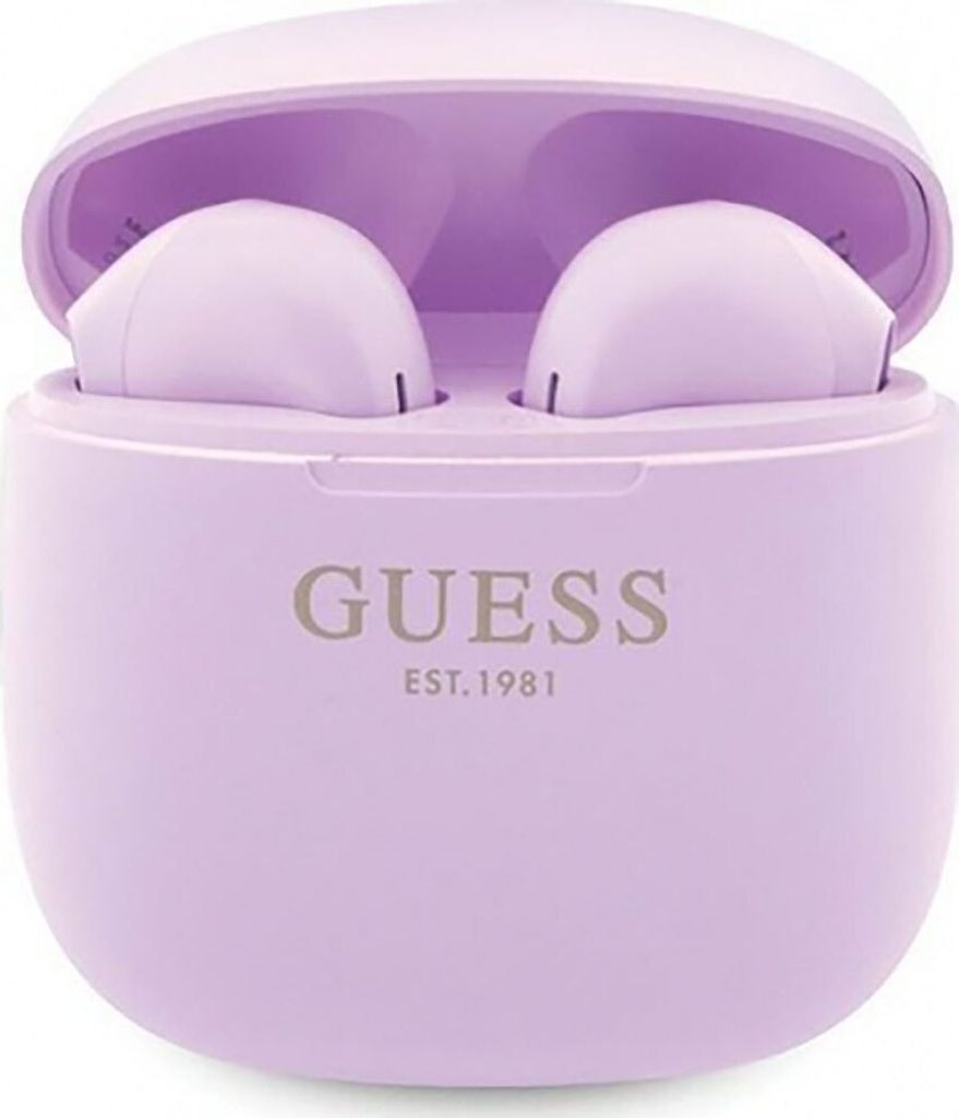 A pair of purple wireless earbuds in their charging case.