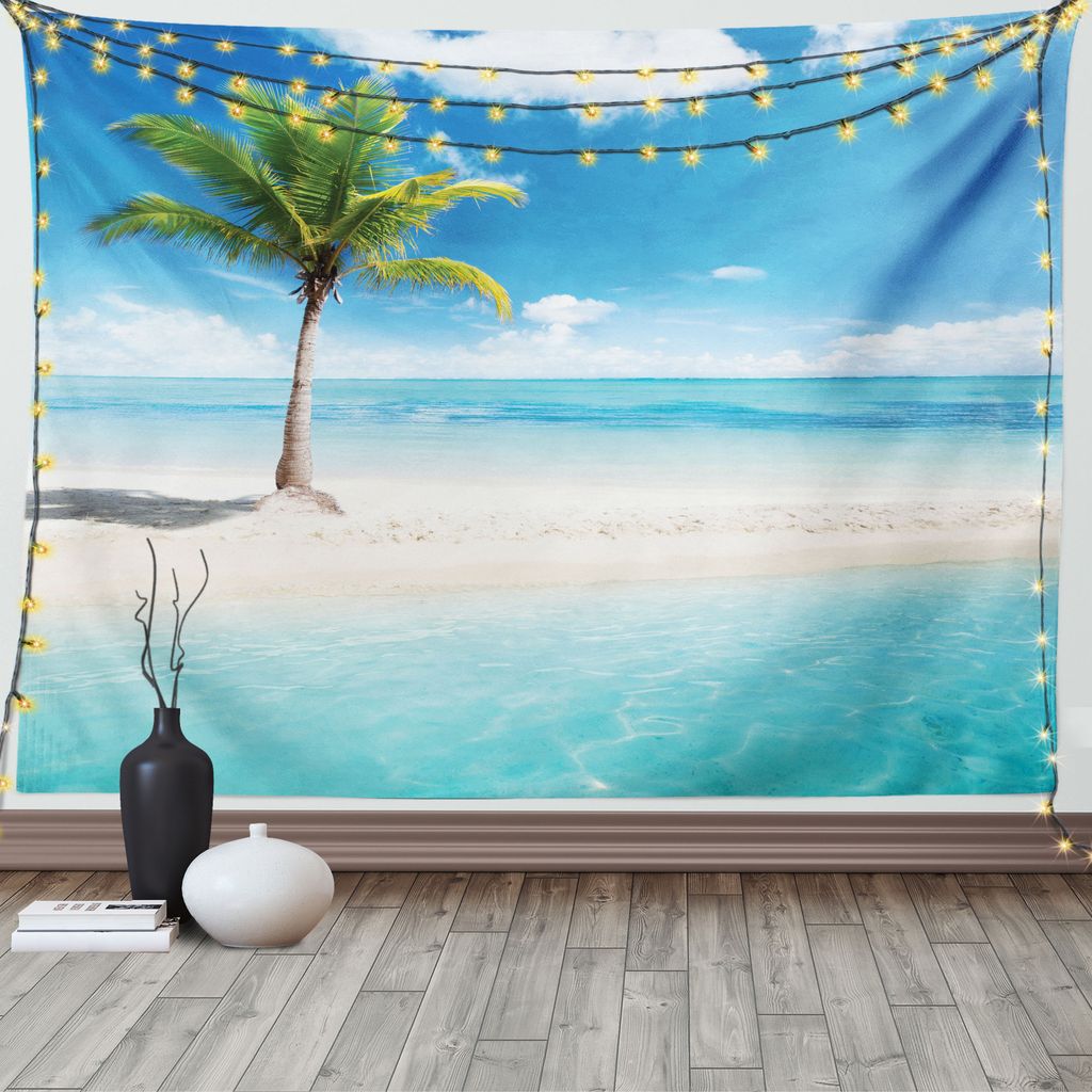 ABAKUHAUS Küsten Wandteppich, Idyllische Landschaft Sunbeam, Wohnzimmer Schlafzimmer Wandtuch Seidiges Satin Wandteppich, 150 x 100 cm, Aqua Weiß...