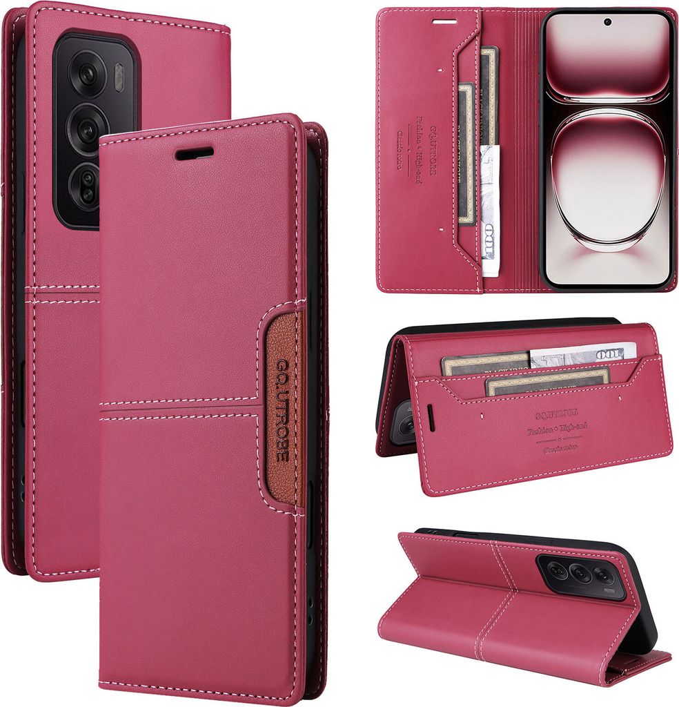 Handyhülle für Oppo Reno12 Pro 5G Hülle, Leder Flip Wallet Kartenfach Stand Schutzhülle Rot