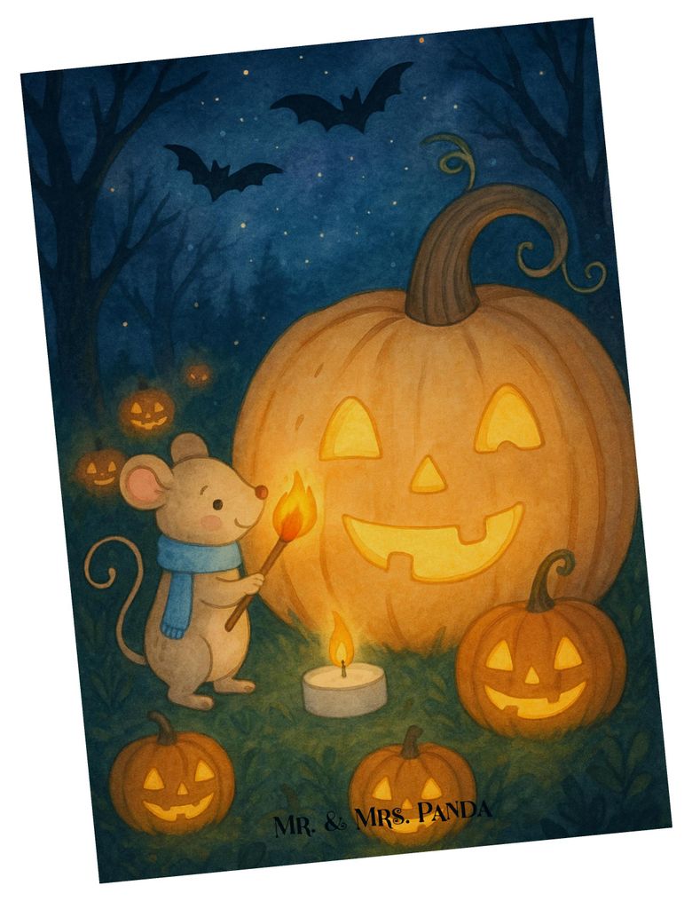 Mr. & Mrs. Panda Ansichtskarte Kürbis Maus Design - Weiß - Geschenk, Postkarte, Halloween Deko, Kerzen, Postkarten, Trick Or Treat, Kunstkarten, ...