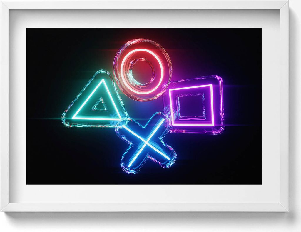 Spielersymbole - Buchstaben auf einem Konsolenpad– Wandbild mit Rahmen – Gerahmtes Bild – Wanddekoration – 70x50 cm – Weiß Rahmen