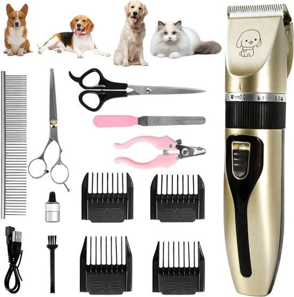 Tondeuse chien avec lames céramique dorée, kit de toilettage 13 pièces