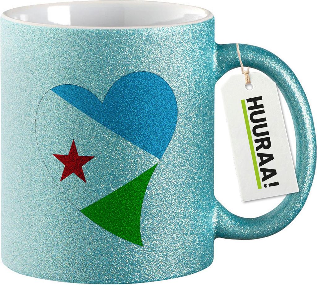 Huuraa Glitzertasse Dschibuti Flagge Herz 330ml Blau Keramik Kaffeebecher Geschenkidee