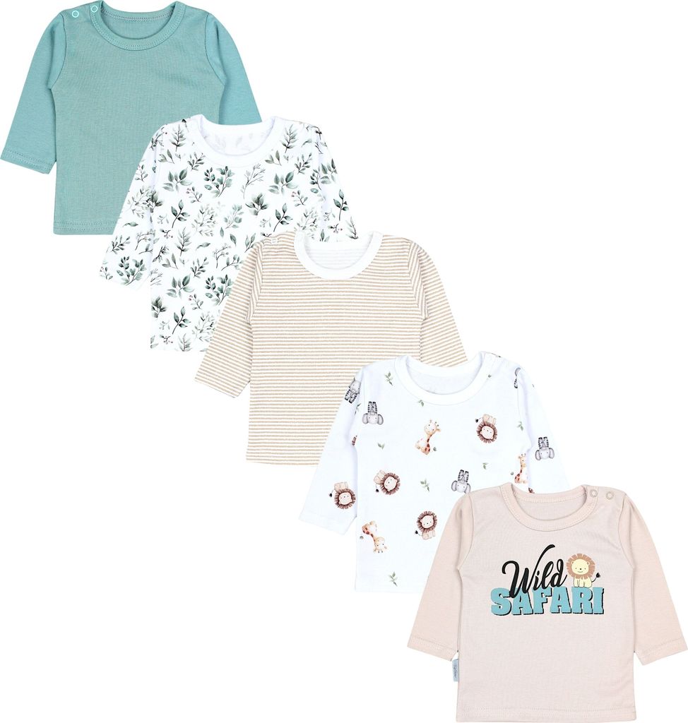 TupTam Baby Jungen Langarmshirt Gestreift 5er Set, Farbe: Tiersafari Blätter Salbei Beige Streifen, Größe: 98