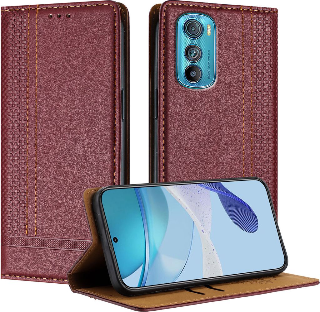 Handyhülle für Motorola Edge 30 Leder Flip Klappbare Schutzhülle mit Standfunktion Dunkelrot
