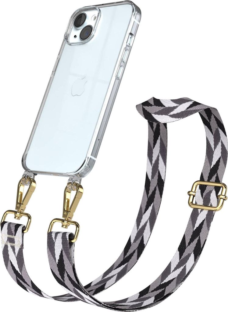 EAZY CASE Handykette - Verstellbarer Trageriemen kompatibel mit Apple iPhone 15, Handykordel mit transparenter Silikon-Hülle, Karabiner Gold, Mix ...