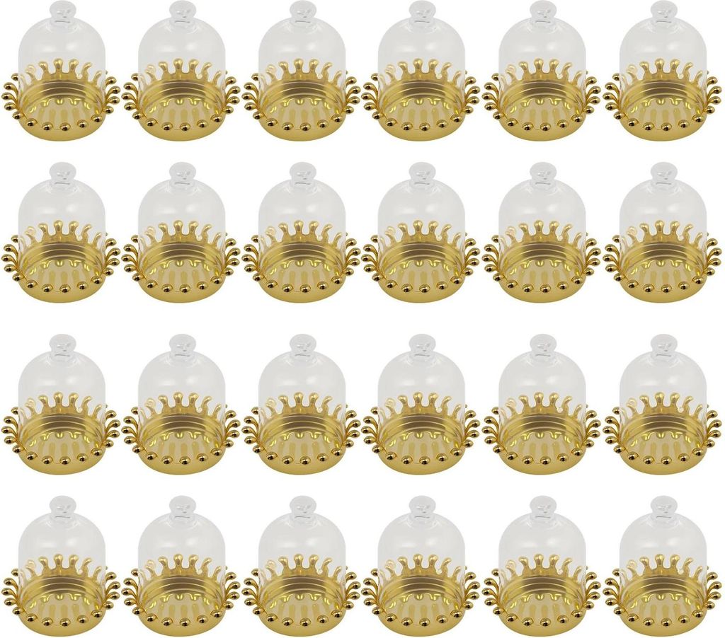 24er Set Bonbonbehälter Krone - Mini Kuchentablett Mit Klarsichtdeckel - Kunststoff - Für Hochzeit & Geburtstag - Gold