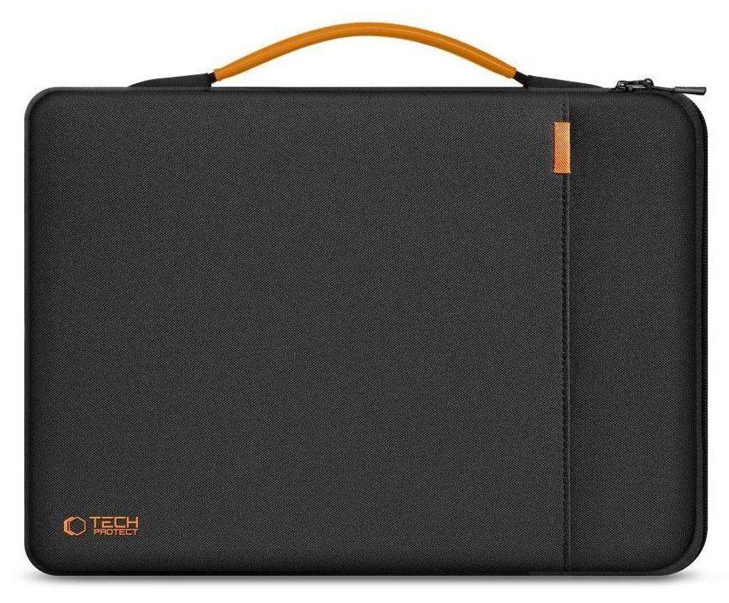 A black laptop sleeve with an orange handle and accent.