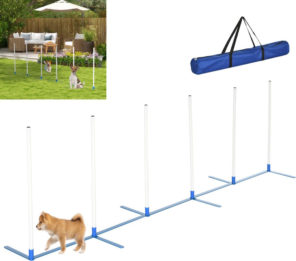 Hunde Slalomstangen Agility Training Set für Haustiere mit 600D Tasche Polyester Weiß Blau 305 x 60 x 94 cm für Hundesport,