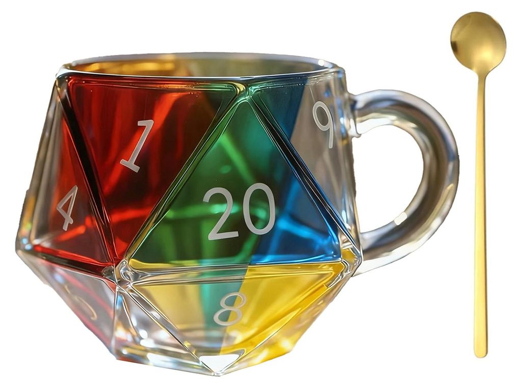 Regenbogenfarbener D20-Würfelbecher mit Henkel, farbenfrohe, polyedrische Glaskaffeetasse für Gamer, einzigartiges Geschenk für Tabletop-Rollens...