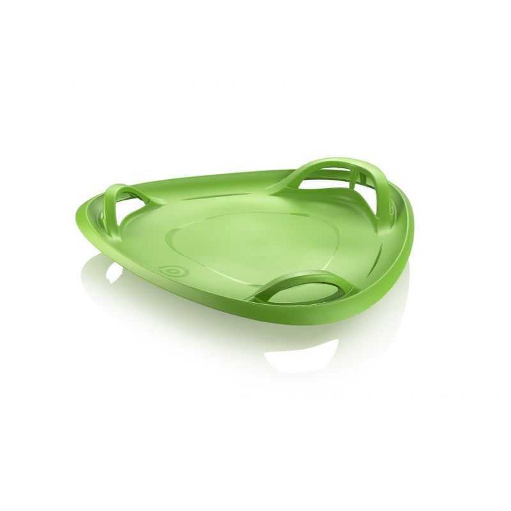 A green plastic sled on a white background.