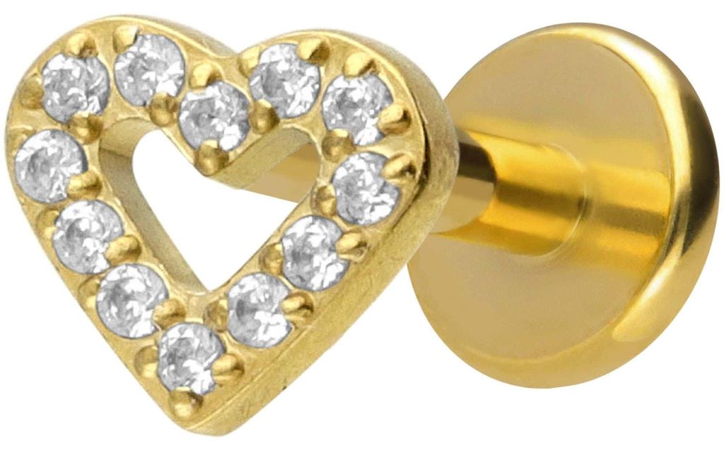Ohrpiercing, Nasenpiercing Titan Labret mit Innengewinde KRISTALLHERZ Gold Stablänge: 7mm | Stabstärke: 1,2mm