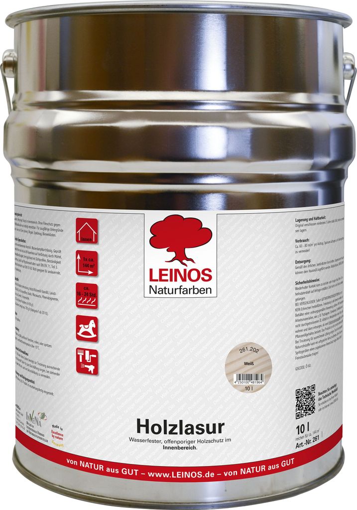 LEINOS 261 Holzlasur für Innen 202 Weiß 10 l – dekorative, offenporige Holzbeschichtung | wasserabweisend & dampfdurchlässig | für Möbel, Sp...