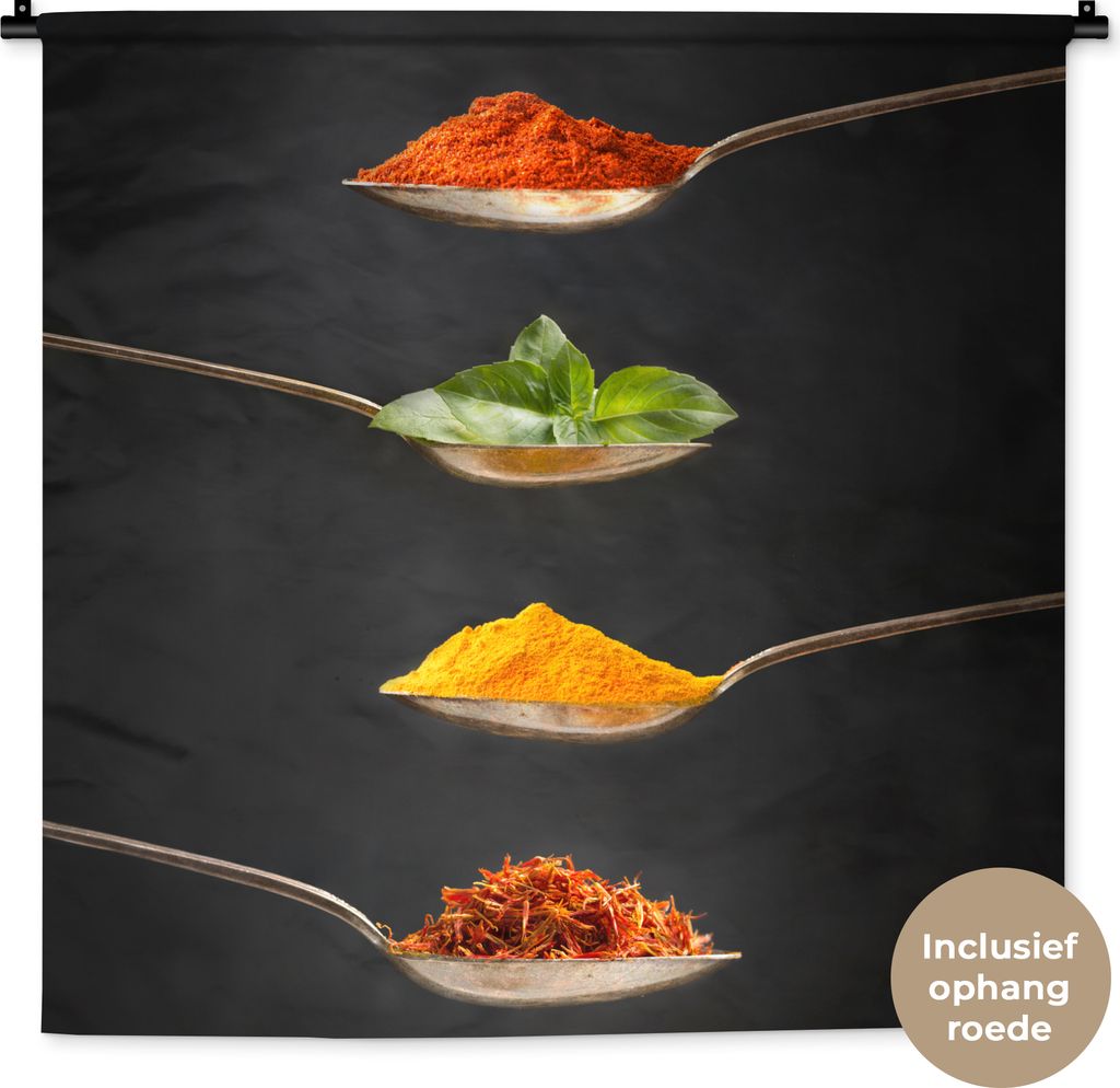 MuchoWow Wandteppich Wandbehang Kräuter - Löffel - Gewürze - Schwarz - Italienisch 90x90 cm Tapisserie Dekoration Wandtuch - Wandaufhänger