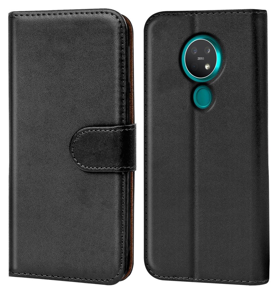 A black flip case for a smartphone is shown from two angles.