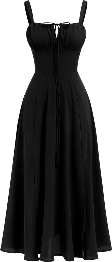 ASKSA Damen Sommer y aermellos Spaghettitraeger Boho Blumen Lang Kleid mit Schlitz (Schwarz,L)