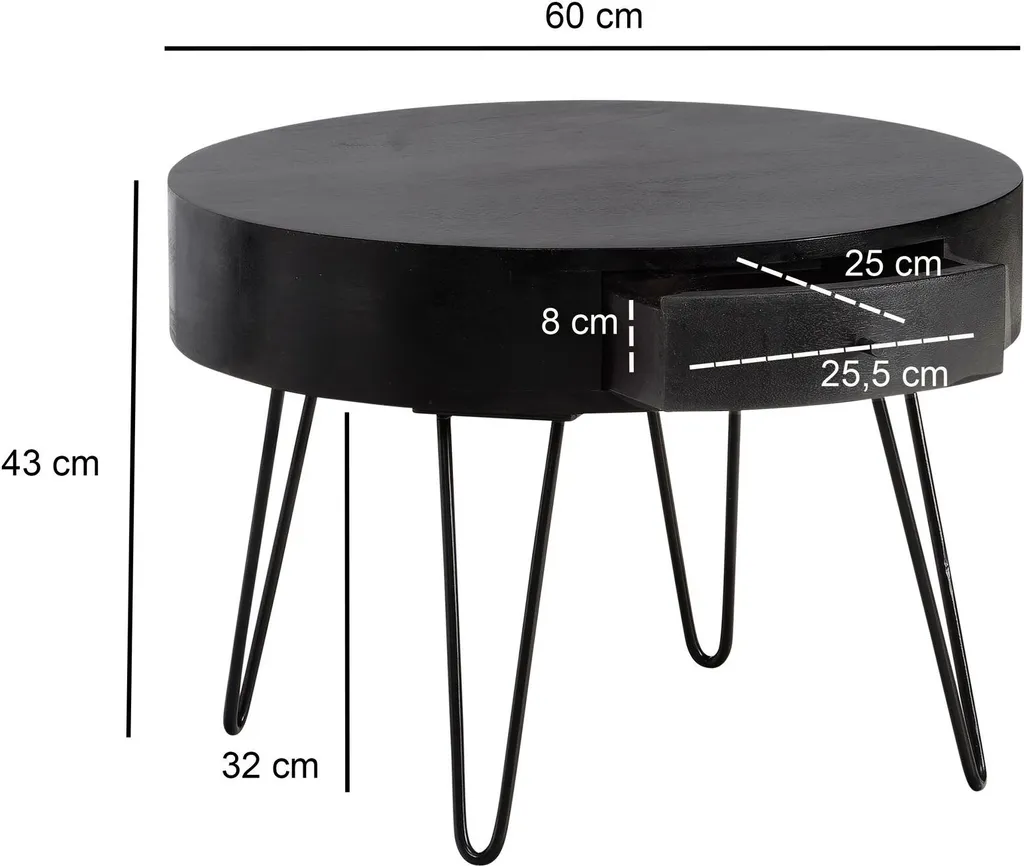 Table basse en bois massif 60 cm Wohnling avec tiroir de rangement