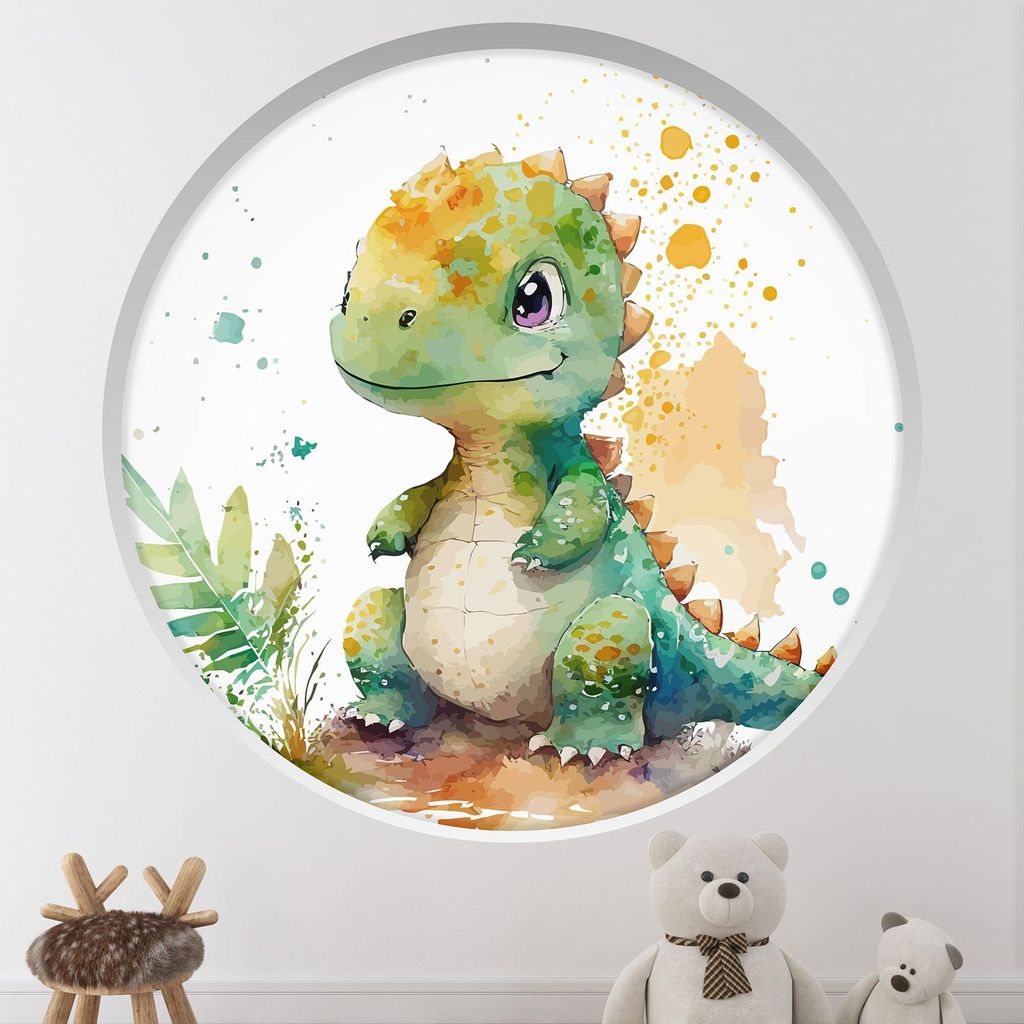 Trompe-l'œil-Aufkleber Runde Bogen Kinder – Lumaléa – Baby-Dinosaurier – Durchmesser 130 cm