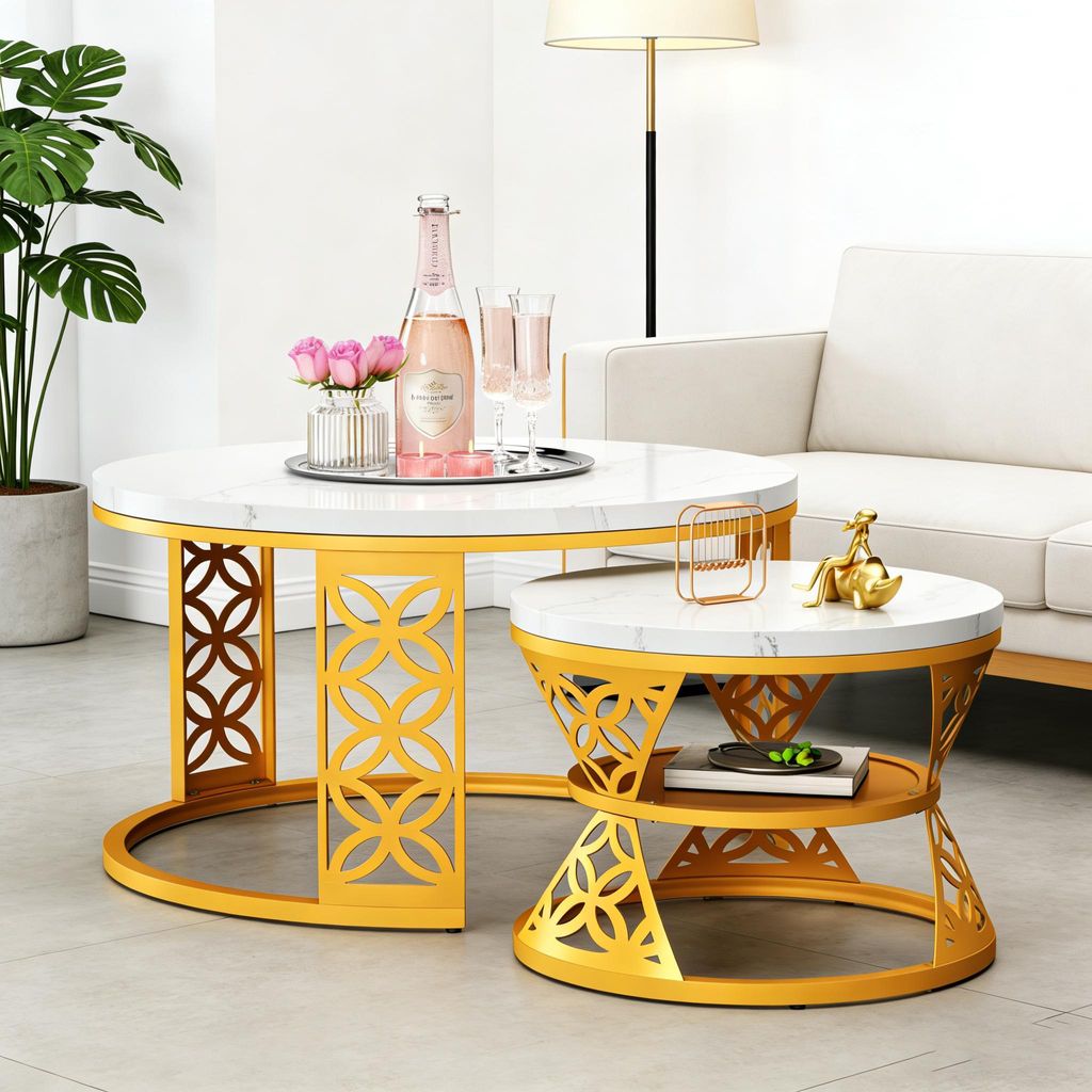 STILVORA Couchtisch Set 2-teilig, rund, Weiß Marmoroptik, Produktbild 