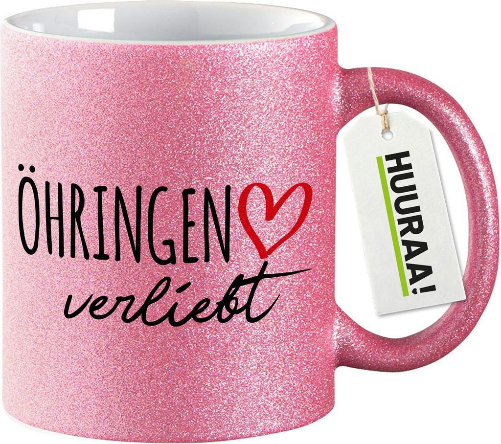 Huuraa Glitzertasse Öhringen verliebt 330ml Pink Keramik Kaffeebecher Geschenkidee