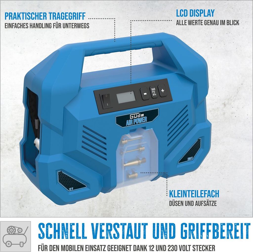 Güde Kompressor Dual Drive 12/230V / 5-tlg 150 Watt, max 8 Produktbild 2