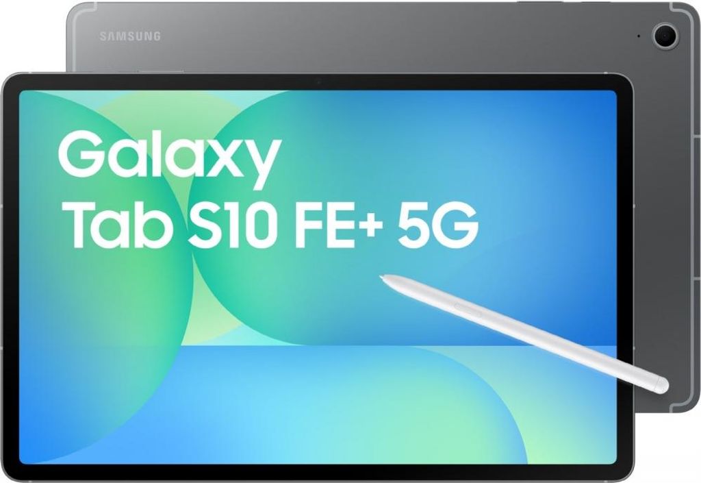 A Samsung Galaxy Tab S10 FE+ 5G tablet is shown with a stylus. The screen displays marketing text.