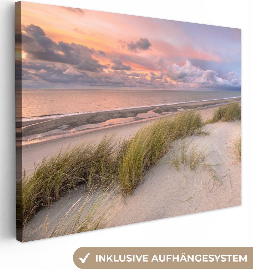 MuchoWow - Leinwandbilder - Strand - Meer - Dünen - Niederlande - Rosa, Wandbild, Wanddeko Bilder Wohnzimmer, 80x60 cm