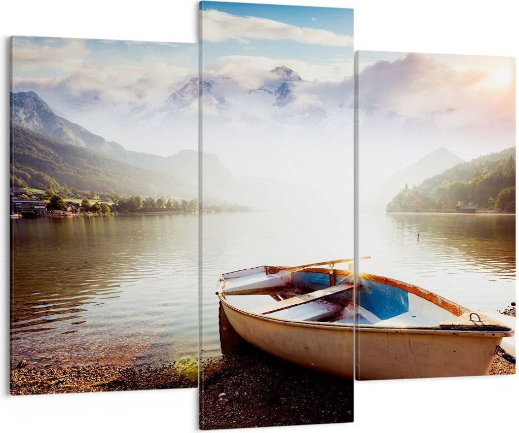 Bild auf Leinwand - Leinwandbild - Berge See Boot - 130x100cm - Wand Bild - Wanddeko - Wandbilder - Leinwanddruck - Bilder - Kunstdruck - Wanddekor...