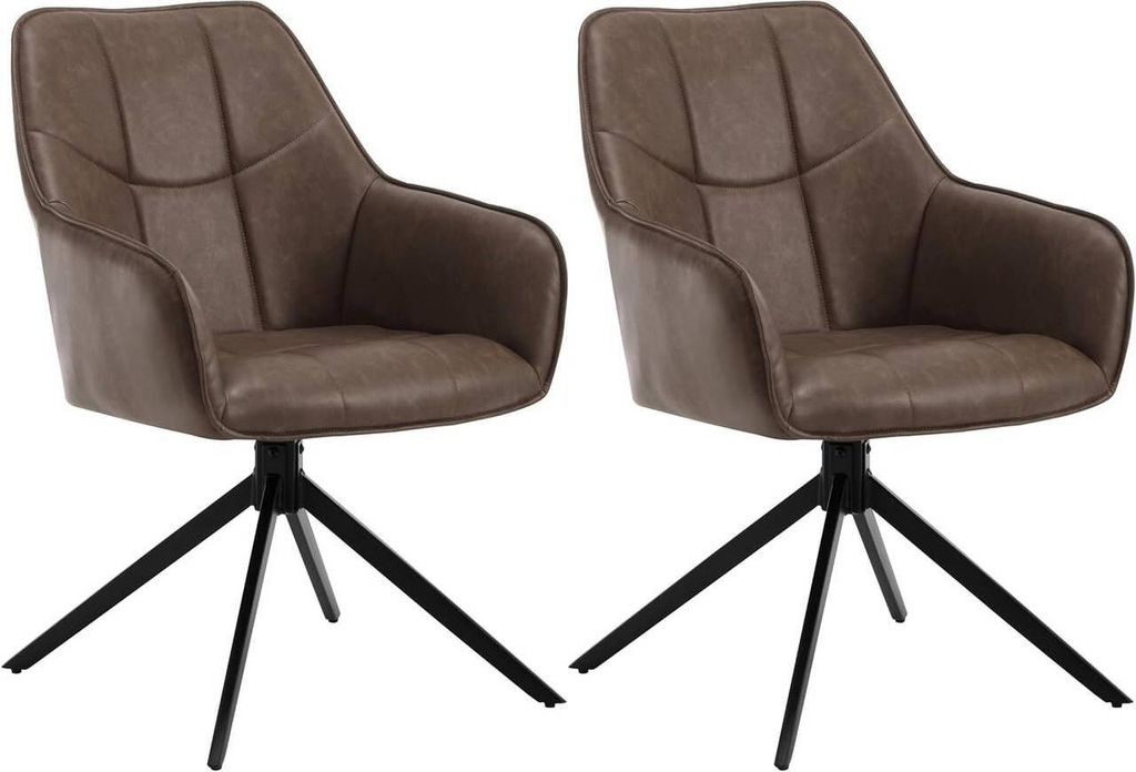 Two brown swivel dining chairs with black metal legs are shown against a white background.