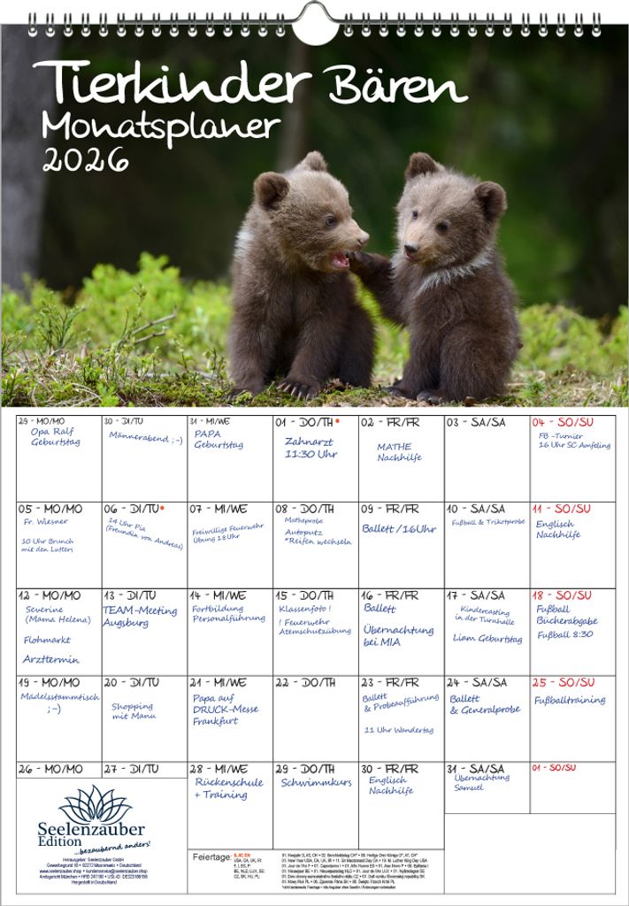 Tierkinder Bären Planer DIN A3 Kalender für 2026 Bären - Seelenzauber