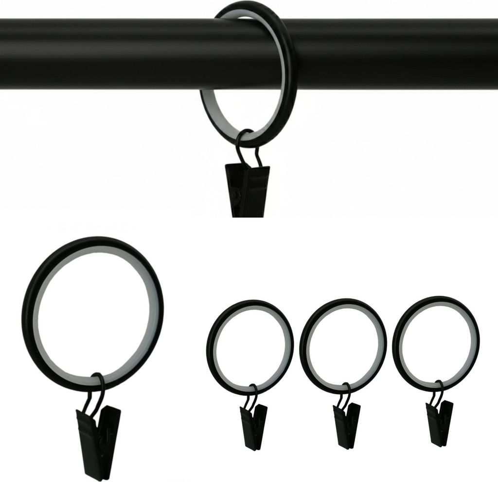 100 Stück Metall Gardinenringe mit Clips Farbe Schwarz Matt Produktbild 