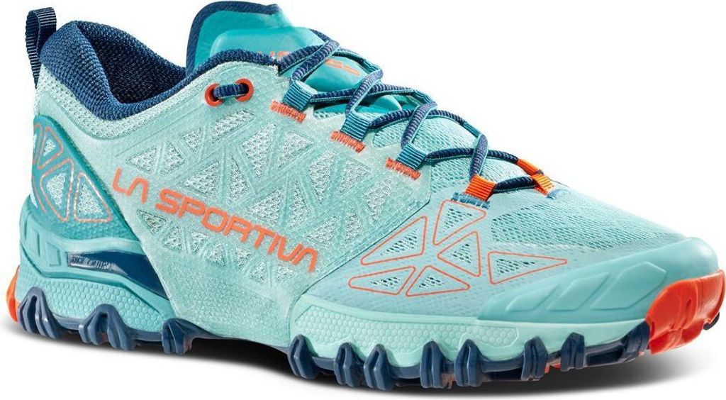 Trailrunning-Schuhe für Damen von La Sportiva in Türkis und Orange; Modell "Bushido II Woman".