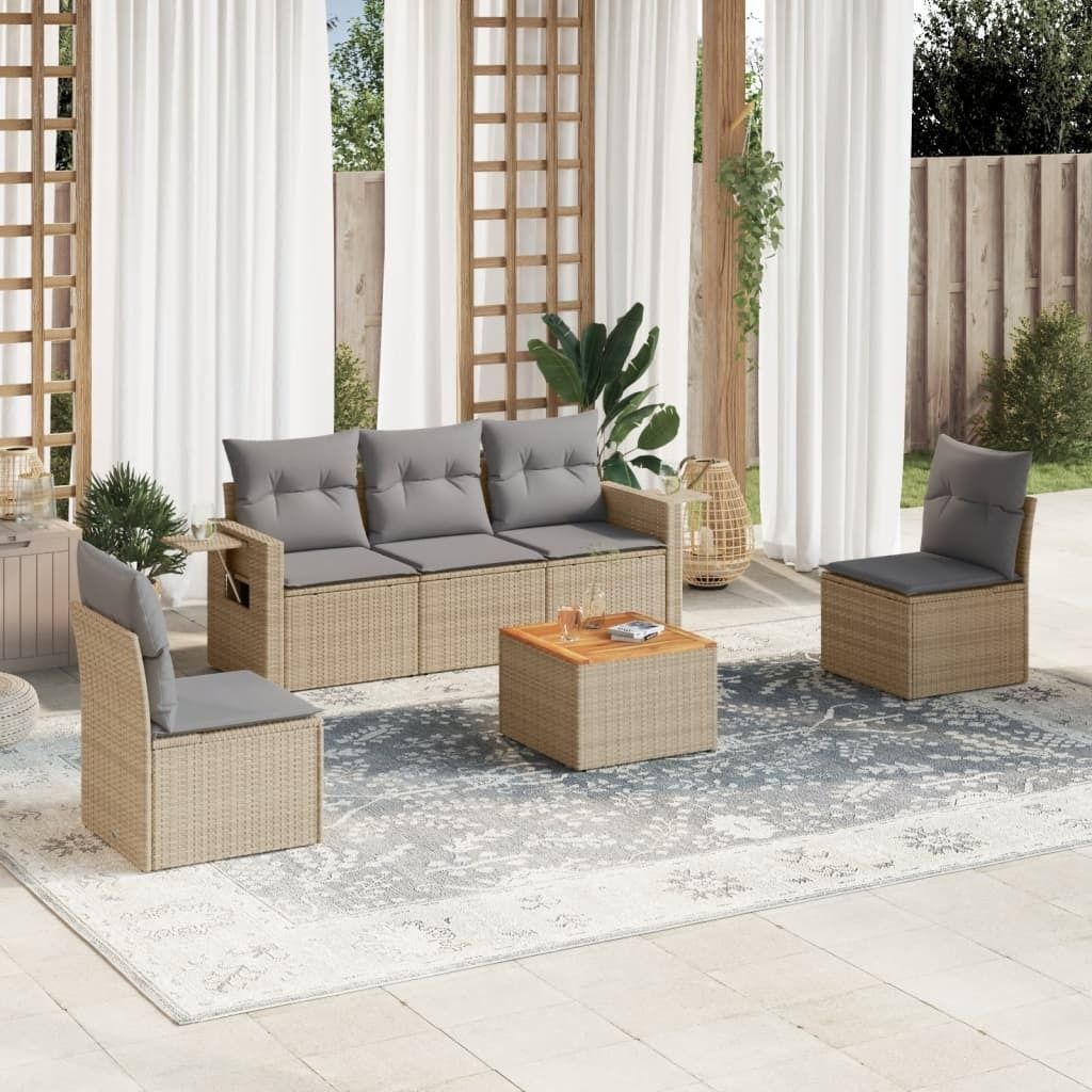 6-tlg. Garten-Sofagarnitur mit Kissen Beige Poly Rattan 3224505