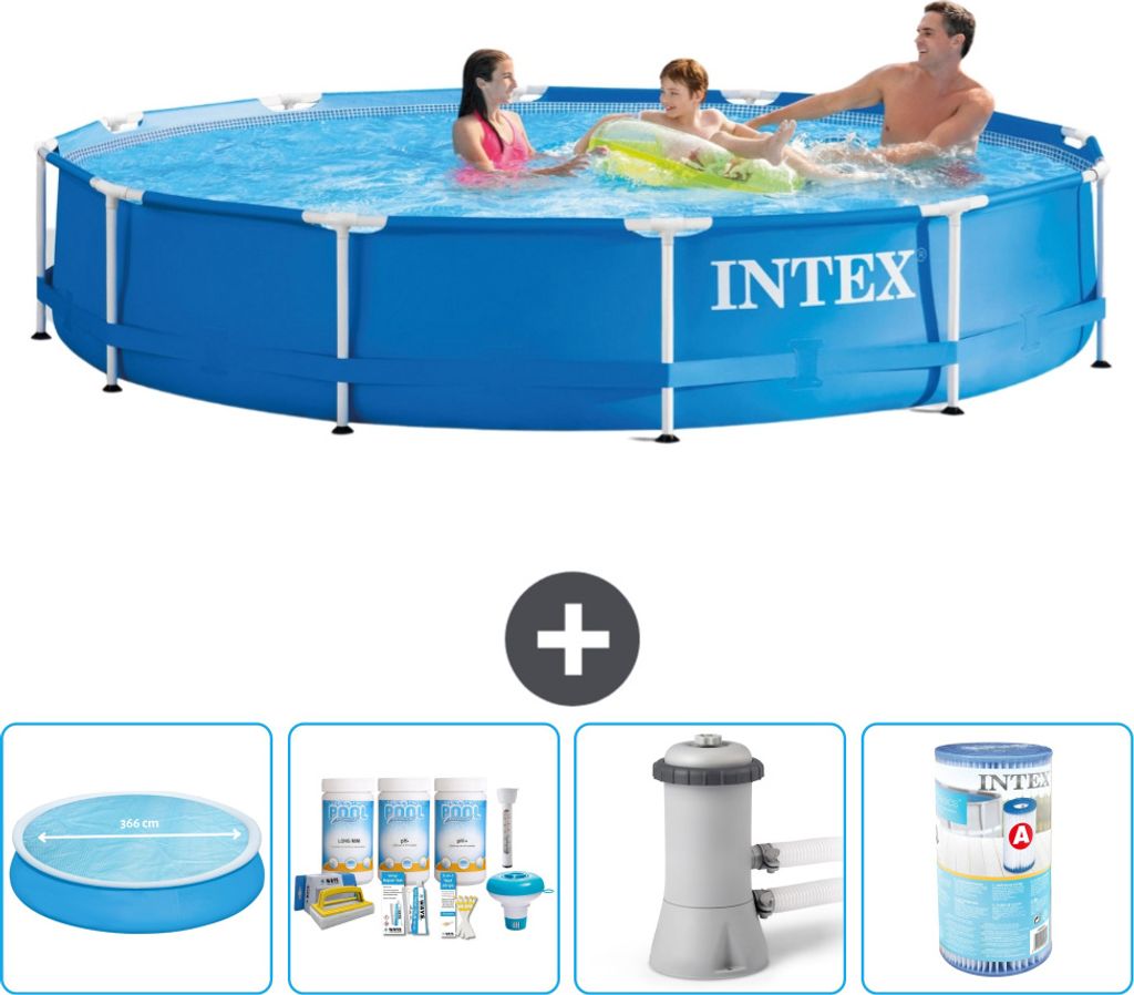 Intex-Schwimmbecken mit rundem Rahmen – 366 x 76 cm – Blau – im Lieferumfang enthalten Sonnensegel - Wartungspaket - Filterpumpe für Schwimm...