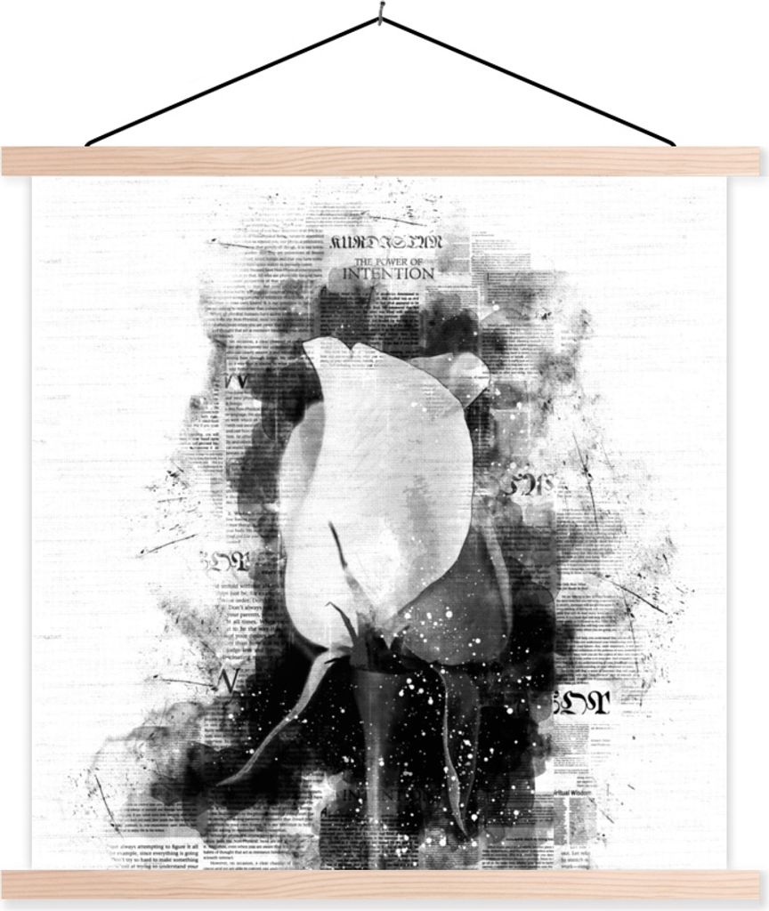 MuchoWow Textilposter Rosen - Blumen - Zeitungspapier - Schwarz - Weiß 120x120 cm mit holzfarbenen Rahmen - Textil-Poster