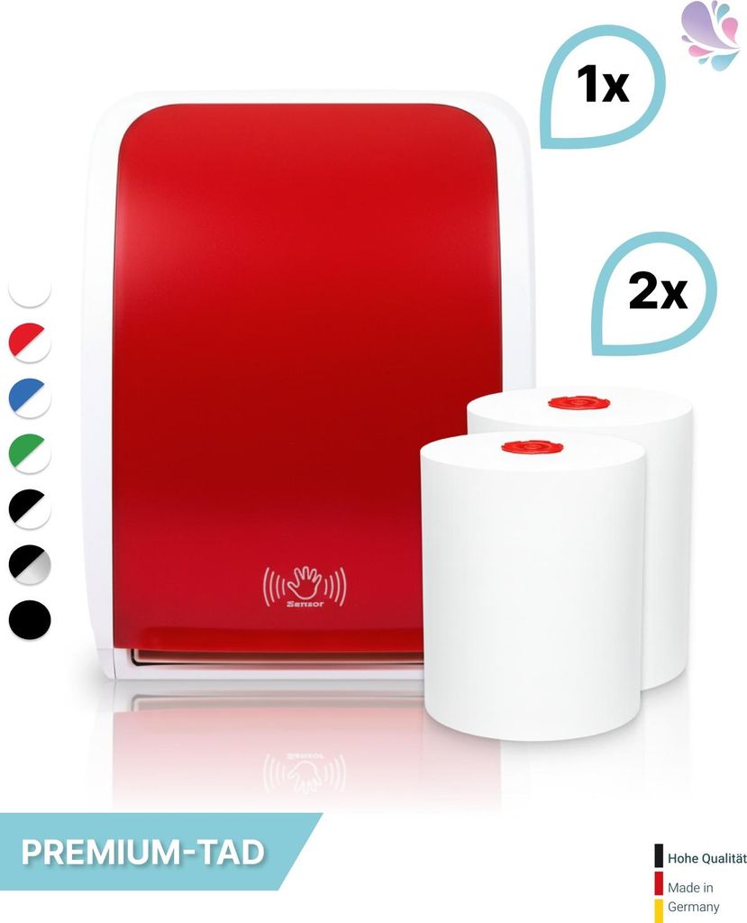 SET: Handtuchrollenspender SENSOR, berührungslos, Blanc Cosmos verschied. Farben + 2 Handtuchrollen PREMIUM TAD - PRODUKTSET : Farbe - Rot / Weiß...
