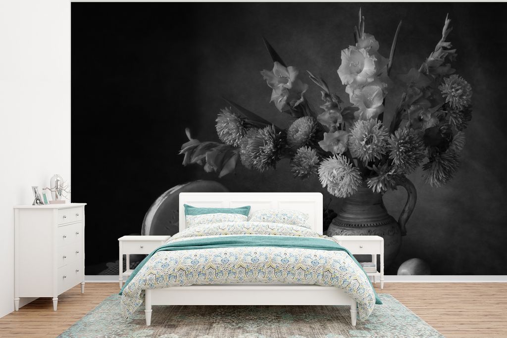 MuchoWow Fototapete für Wohnzimmer oder Schlafzimmer Wandtapete Vinyl Motivtapete Stilleben - Obst - Schwarz - Weiß - 295x220 cm - Wand Tapete