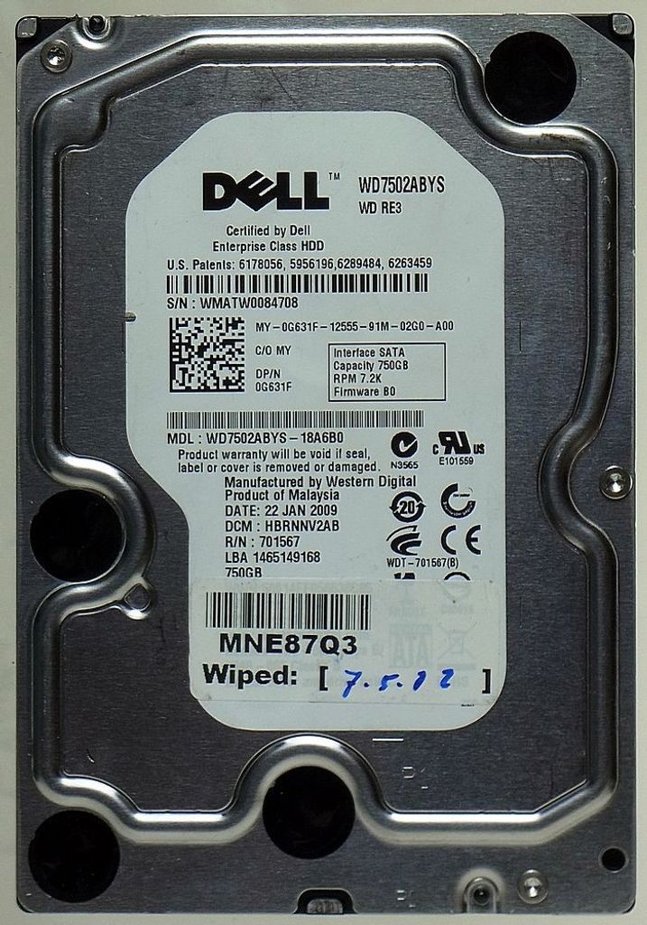 750GB DELL Enterprise Class HDD WD RE3 WD7502ABYS SATA ID12516