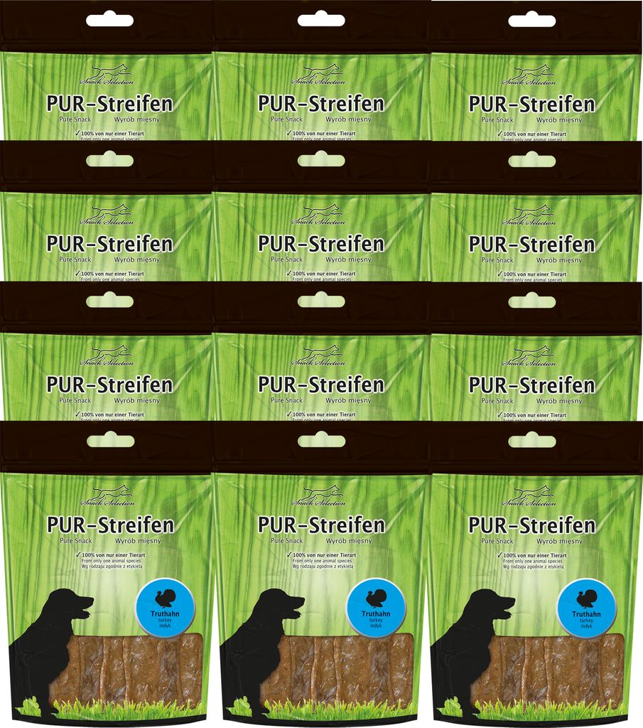 12x100g Schecker PUR Streifen Truthahn - Kausnack für Hunde von einer Tierart - getreidefrei