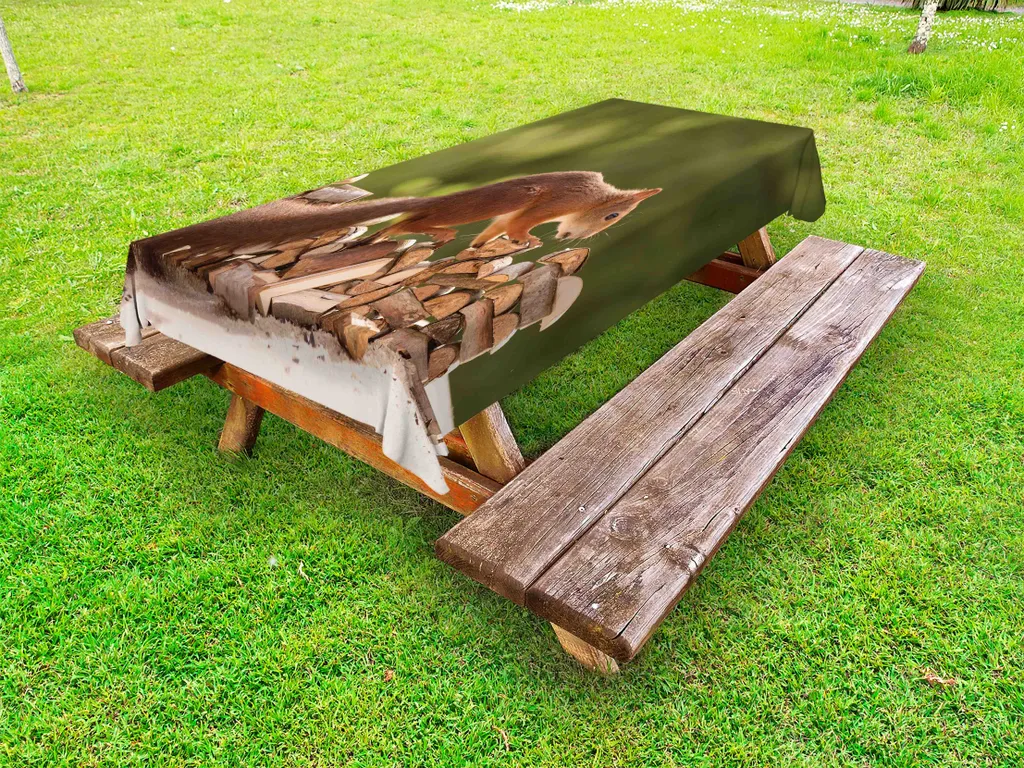 ABAKUHAUS Tovaglia da esterno con scoiattoli, foto di un grazioso schiaccianoci in legno di zoologia forestale, marrone verde oliva chiaro, 145x265 cm