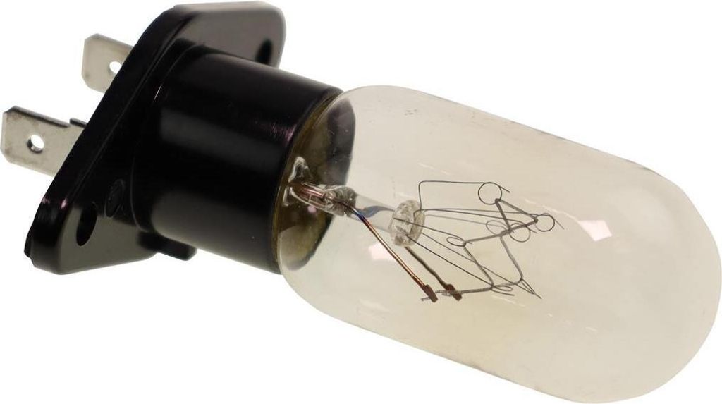 A close-up studio shot of a microwave oven light bulb with a black base and metal prongs.