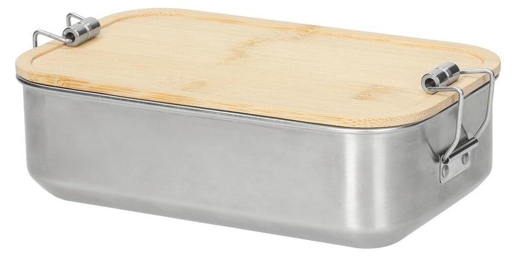 A stainless steel lunchbox with a bamboo lid.